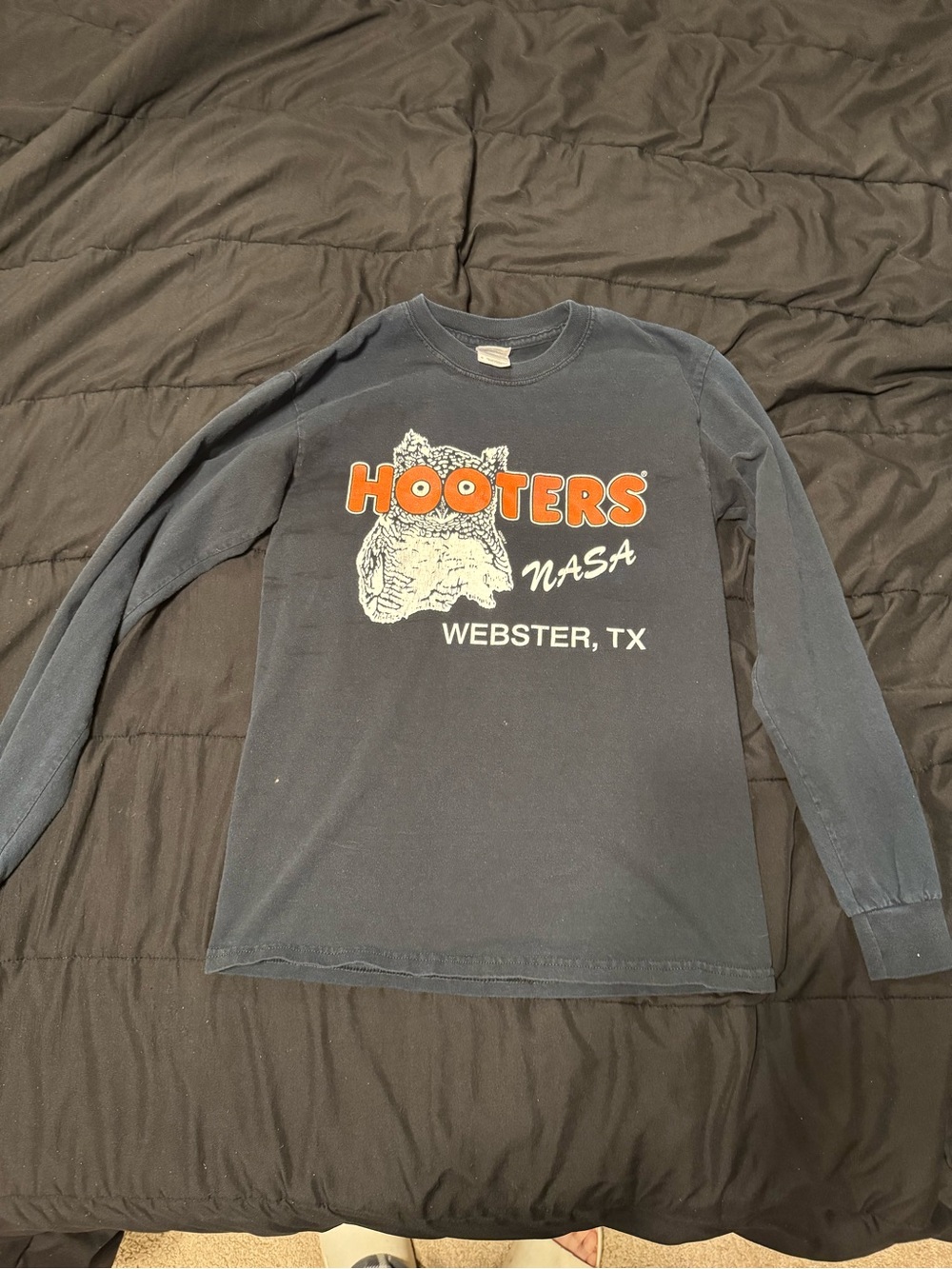 Gildan Navy Long Sleeve Tee with Orange Hooters & White NASA Print